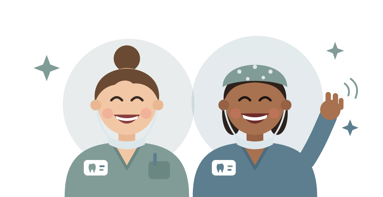 Illustration of two smiling dental nurses in scrubs
